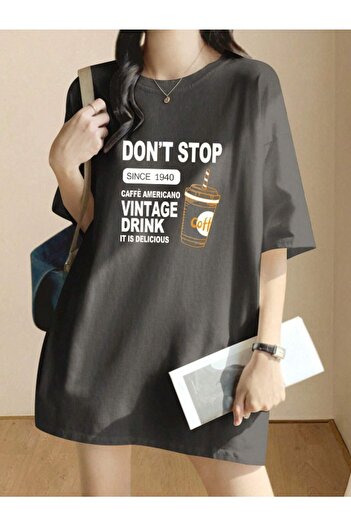 DUBU BUTİK Dont Stop T-shirt - Füme Baskılı Oversize Bisiklet Yaka Kısa Kol Tişört