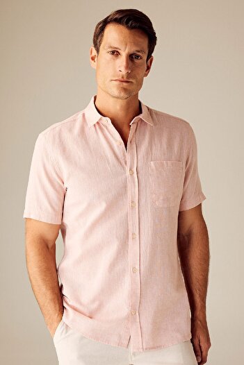DeFacto Regular Fit Polo Collar Linen Blended Short Sleeve Shirt W7946az23sm