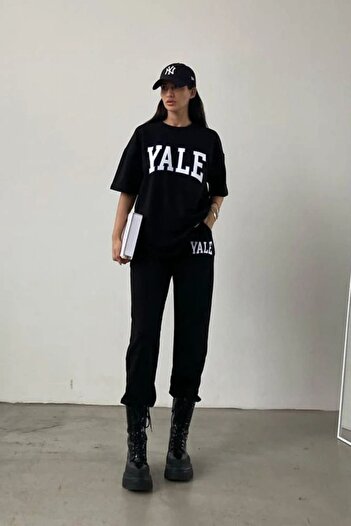 DUBU BUTİK Yale T-shirt Sweatpants Jogger - Μαύρη στάμπα στο κάτω μέρος Σετ φόρμας Oversize Crew Neck