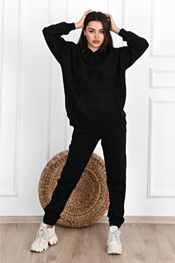 DUBU BUTİK Düz Basic Eşofman Takımı Sweatshirt Jogger - Siyah Oversize Şardonlu Kapüşonlu