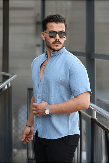 Valiberta Hakim Collar Muslin Fabric Short Sleeve Shirt - Cold Blue