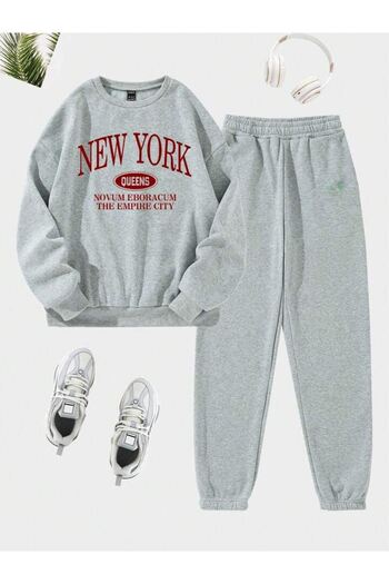 DUBU BUTİK New York Queens Tracksuit Set Sweatshirt Jogger - Gray Printed Oversize Raised Crew Neck