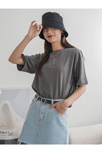 DUBU BUTİK Füme Oversize Penguen T-shirt - Oversize Baskılı