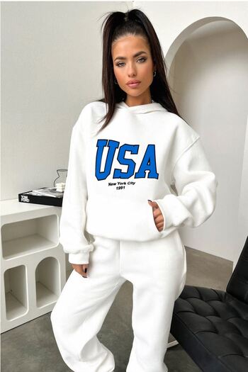 DUBU BUTİK Σετ φόρμας Usa Sweatshirt Jogger - White Printed Oversize Raised Hooded