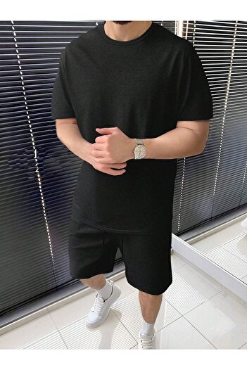 DUBU BUTİK Basic Plain T-shirt Shorts - Black Bottom Top Combination Shorts T-shirt Set Oversize Crew Neck