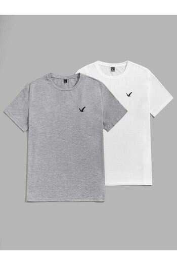 DUBU BUTİK Bird Minimal 2-Piece Multi Combination T-shirt - Gray White Printed Oversize Crew Neck
