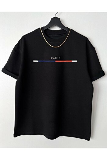 DUBU BUTİK Μπλουζάκι Paris Stripe Detail - Μαύρο εμπριμέ κοντό μανίκι με λαιμόκοψη