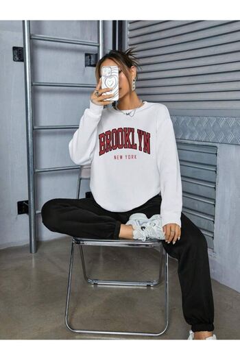 DUBU BUTİK Brooklyn New York Summer, White Sweatshirt and Black Jogger Sweatpants Set