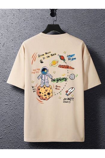 DUBU BUTİK T-Shirt Moon To Mars - Μπεζ εμπριμέ κοντό μανίκι με λαιμόκοψη