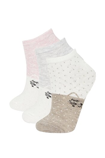 DeFacto Women's Cat Patterned 3-Piece Cotton Booties Socks