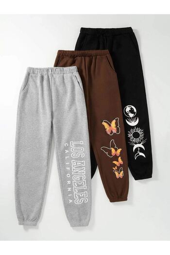 DUBU BUTİK 3-Piece Design Sweatpants Jogger - Gray Brown Black Rubber Leg High Waist