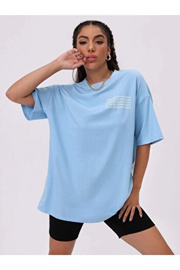 DUBU BUTİK Μπλουζάκι Alphabet - Baby Blue Printed Oversize Crew Neck Κοντό μανίκι