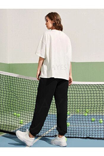 DUBU BUTİK Λογότυπο G Λευκό T-shirt Μαύρο Φούτερ Jogger - Τυπωμένο κάτω επάνω σετ Crew Neck