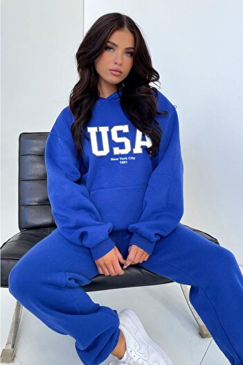 DUBU BUTİK Σετ φόρμας Sax Blue Printed Usa - Φούτερ μεγάλου μεγέθους και κουκούλα Jogger