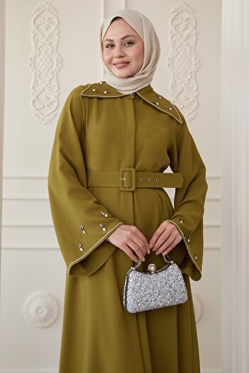 InStyle Τριγωνικός γιακάς Πέτρινο Λαδί Πράσινο Abaya