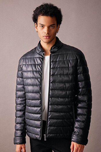 DeFacto Plush Lined Zippered Faux Leather Puffer Jacket - Slim Fit, Stand Collar Y3688Az23Wn
