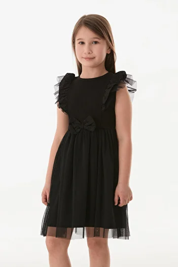 Fulla Moda Ruffled Tulle Girl's Dress with Ribbon Detail and Ruffled Sleeves