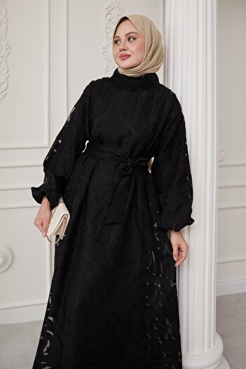 InStyle Tulle Balloon Sleeve Black Dress