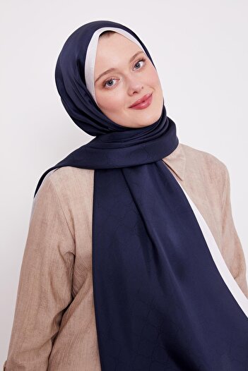 Levidor Navy Blue - Ecru Honeycomb Pattern Monogram Silk Shawl