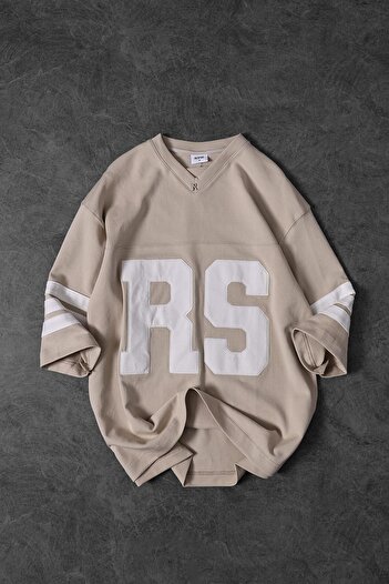 Slatra Men's Beige Rs Jersey Embroidered V-Neck Oversize Tshirt