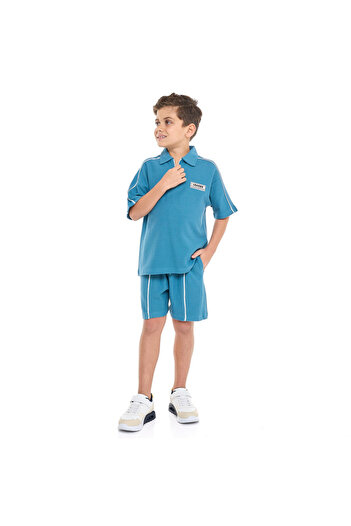 Victor and Jane Boys' Jacquard Teal 2-Piece Outfit Set with Pockets, Polo T-Shirt With Half  Zipper