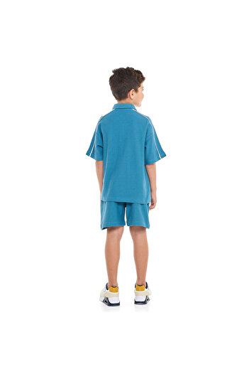 Victor and Jane Boys' Jacquard Teal 2-Piece Outfit Set with Pockets, Polo T-Shirt With Half  Zipper