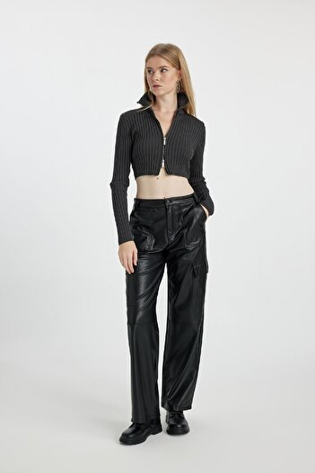 DeFacto Faux Leather Pants with Wide Loose Legs and Cargo Pockets - B0462Ax23Au