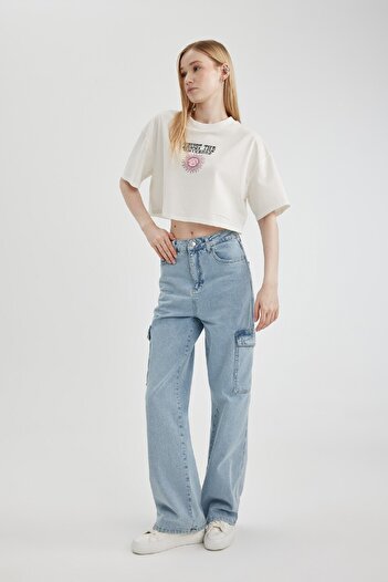 DeFacto Μπλουζάκι Coool Oversize Wide Fit Crew με στάμπα κοντομάνικο μπλουζάκι B7114ax24sm