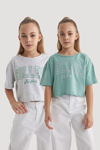DeFacto Girl's Crop Crew Neck 2Pcs Short Sleeve T-Shirt B7795A8Ns