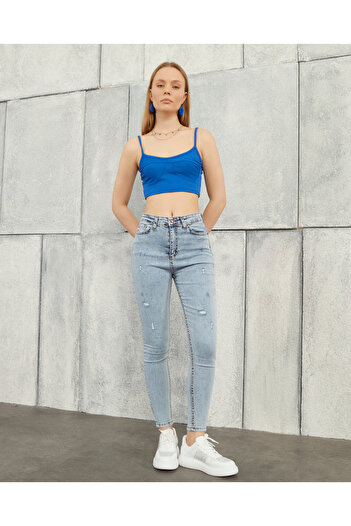 geenz manifacture Blugi din lycra slim cu talie înaltă albastru zăpadă
