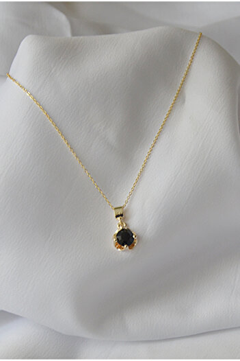 BİJUTERİ EVİ Black Stone Women's Necklace and Earrings Set with Lacquer Finish - Elegant Gold-Colored Jewelry