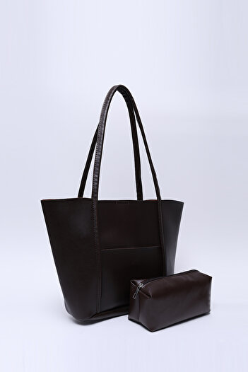 SHAKA Coffee Color Shk80 Faux Leather Large Size Shoulder Bag with Front Pocket and Snap Fastener Makeup Bag