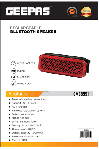 Geepas Rechargeable Bluetooth Speaker| USB/TF card |1000 mAh Stereo Hi-Fi Bass| GMS8591