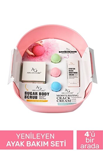 Argan Cure Yenileyen Ayak Bakım Seti ( Pedikür Leğeni-şekerli Peeling-çatlak Kremi-nem Topu ) Pembe