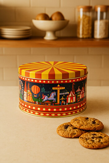 Arma House Amusement Park Themed Metal Cookie Storage Container Round Metal Box 19*9 cm
