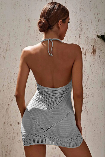 citystyle Knitted Detail Halter Neck Backless Gray Beach Dress Pareo
