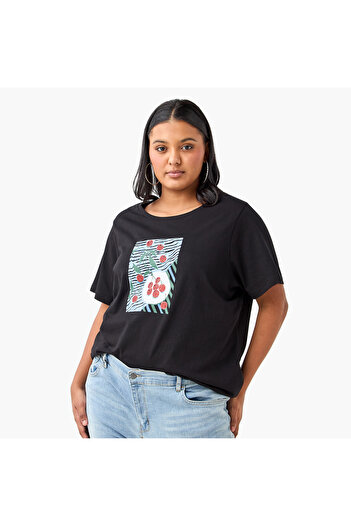 Ulla Popken Plus Size Ulla Popken Cherry Print Round Neck T-shirt with Short Sleeves