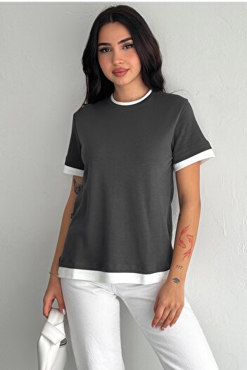 FEMELLE Women's Anthracite Round Neck Stripe Detailed 100% Cotton T-Shirt