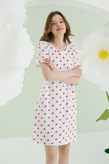 NBB 100% Cotton, Wide Round Neck, Heart Printed, Short Sleeve, Women's Nightgown, Ecru