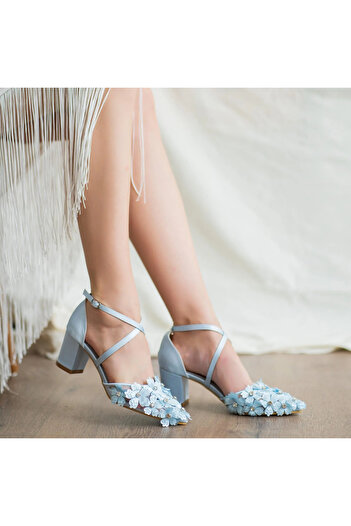 EYLÜL SHOES 35 BEBE MAVİSİ SATEN İŞLEMELİ ŞIK ABİYE AYAKKABI