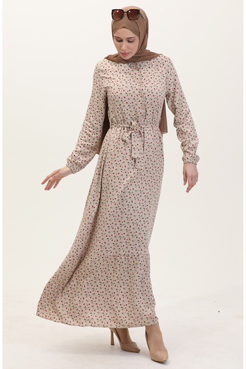 sefamerve Beige Patterned Dress - Viscose Fabric Half Buttoned 4069-02 Model