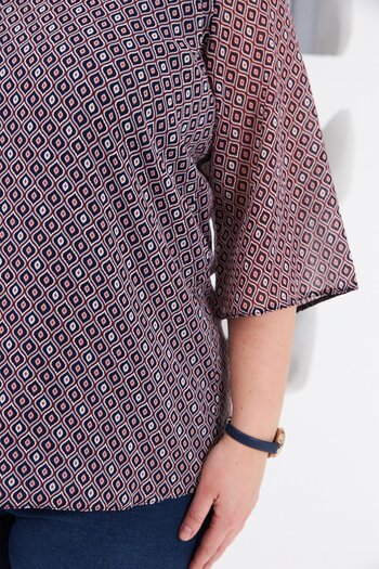 RMG Patterned V-Neck Large Size Chiffon Blouse (Navy Blue)