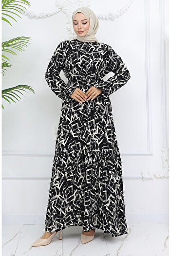 sefamerve Viscose Fabric Sleeve Elastic Dress 2006-04 Black White