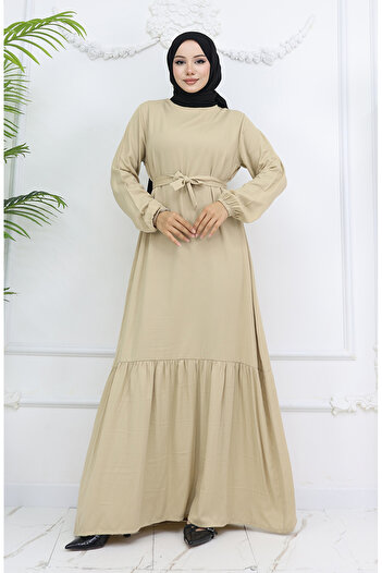 sefamerve Beige Belted Belmando Fabric Dress 2013-01