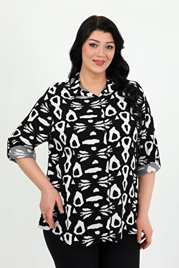 By Alba Collection Women's Black Patterned Cotton Viscose Large Size Shirt