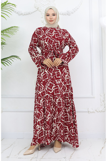 sefamerve Viscose Fabric Elastic Sleeve Dress 2006-01 Claret Red