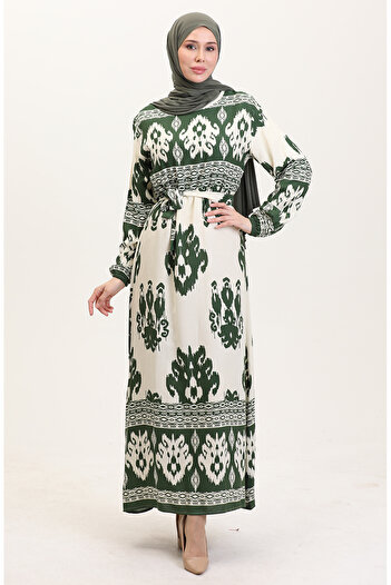 sefamerve Φόρεμα βισκόζης με σχέδια - 0006-05 Emerald Beige