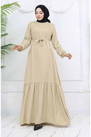sefamerve Beige Belted Belmando Fabric Dress 2013-01