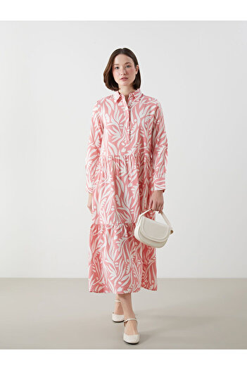 LC Waikiki Classic Pink Shirt Collar Patterned A-Line Women's Dress