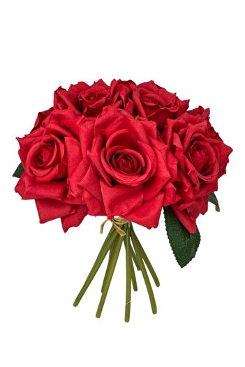 Nettenevime Yapay Çiçek Kırmızı Gül 10lu Demet Gelin Çiçeği Buketi Masa Üstü Vazo Çiçeği 25cm